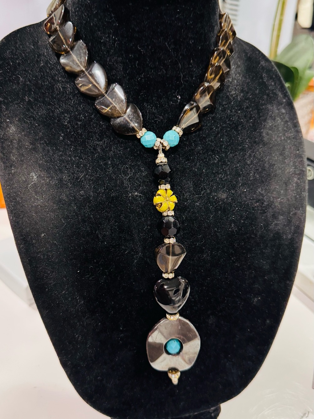 Statement GLASS Pendant Necklace featuring Malachite, Glass Smokey Quartz